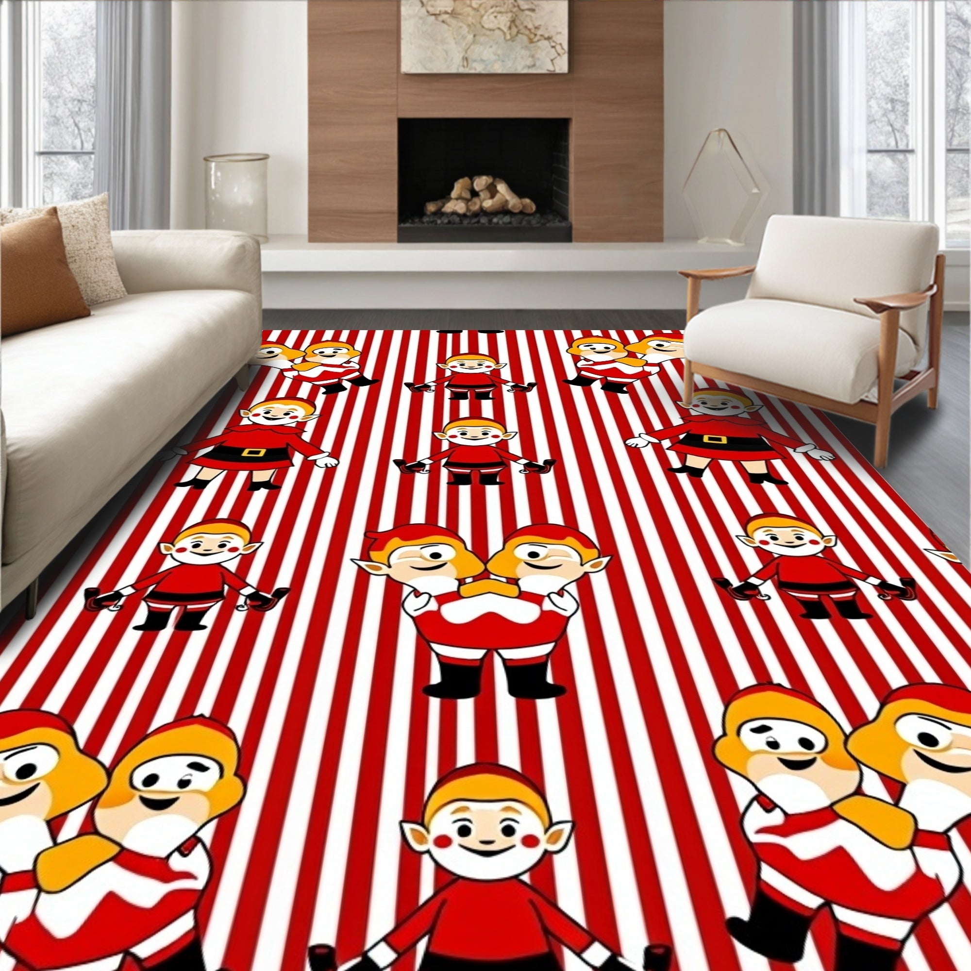 Red White Stripe Christmas Elves Rug