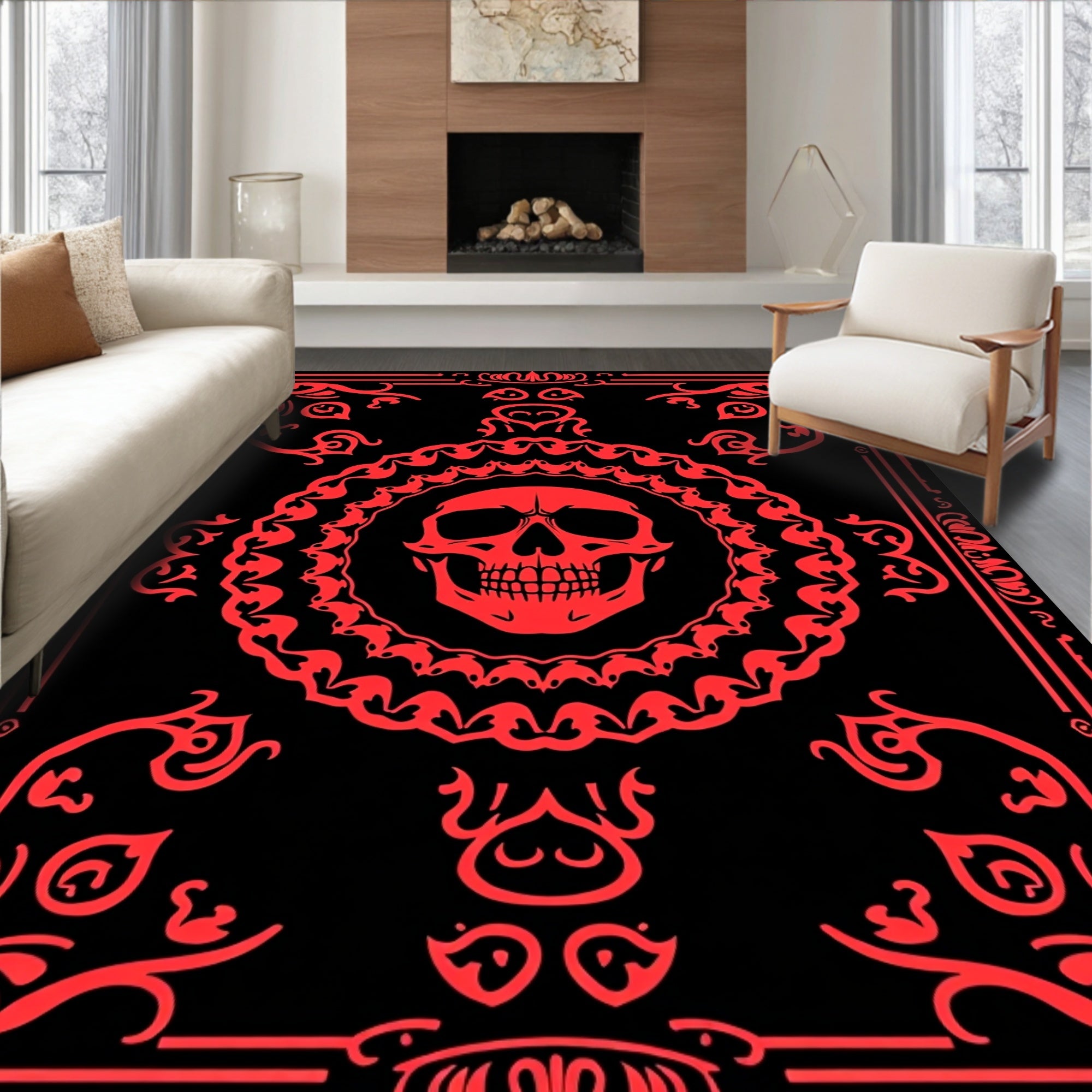 Crimson Skull Mandala Border Rug