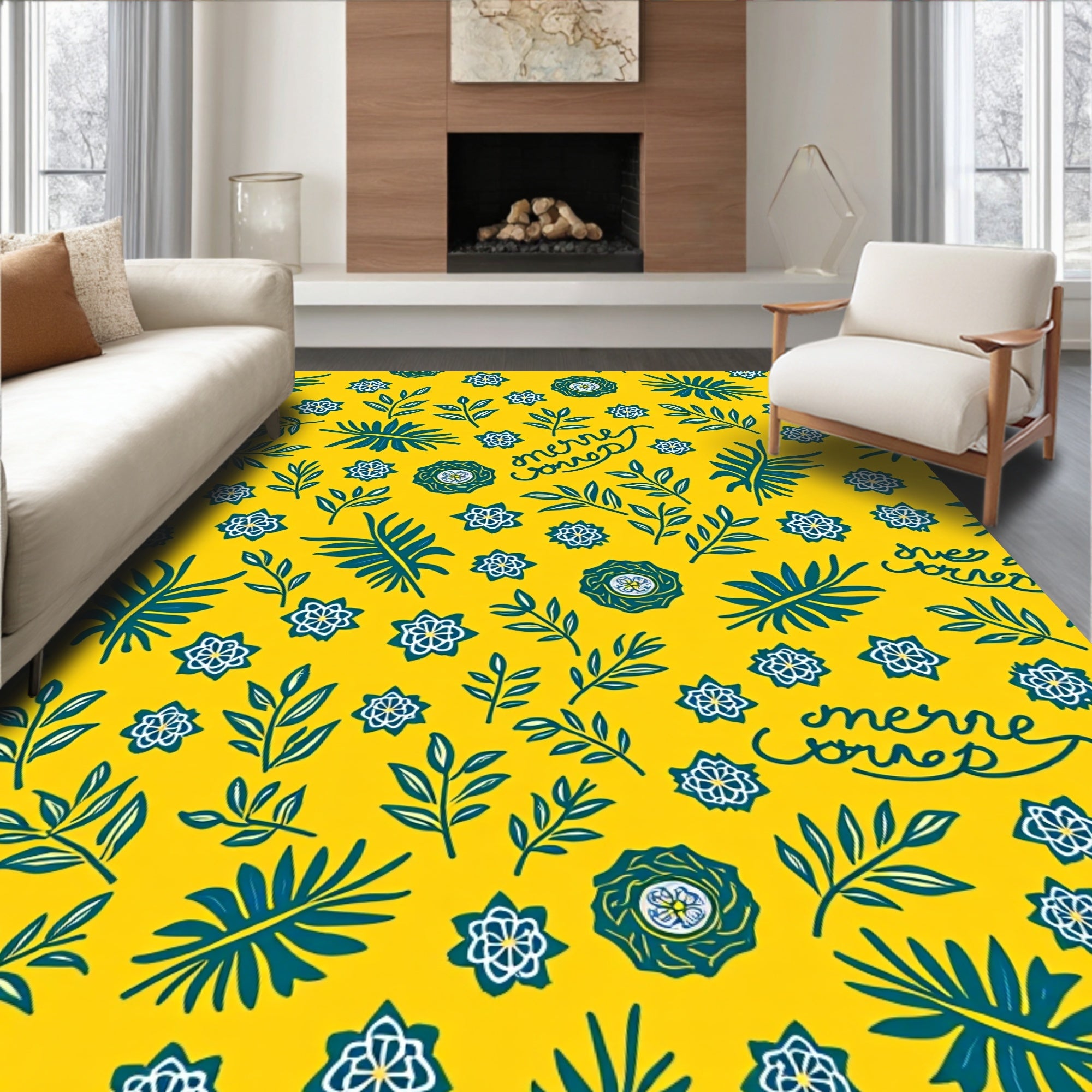 Yellow Teal Botanical Floral Medallion Rug
