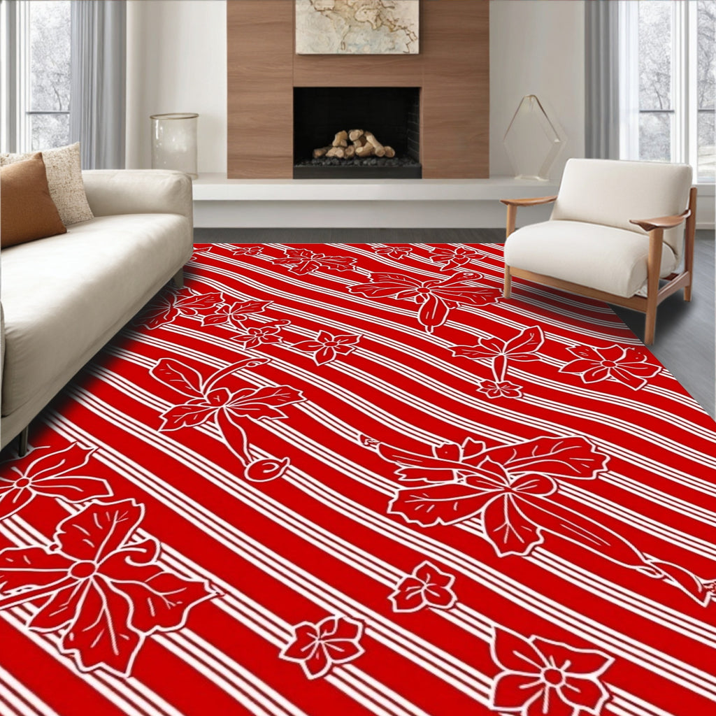 Crimson White Floral Striped Whimsical Rug