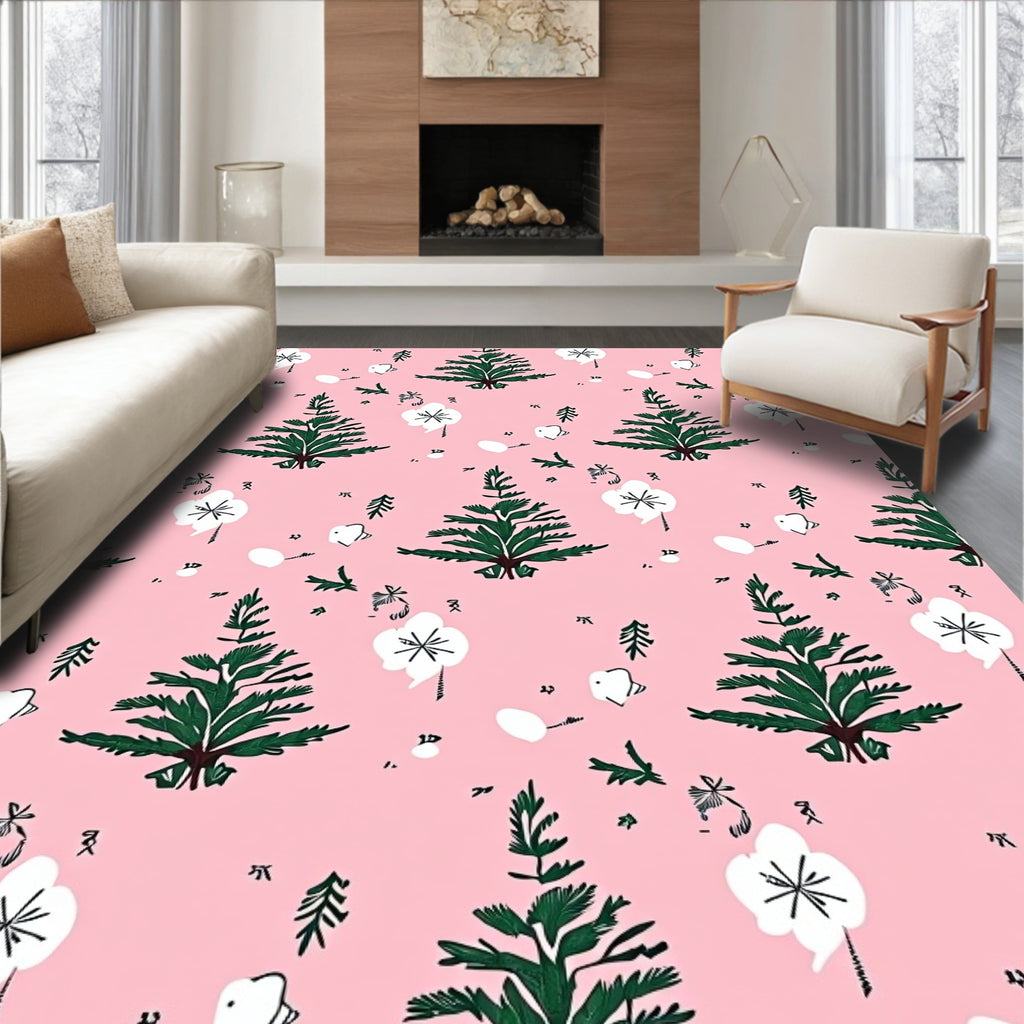 Evergreen Tree White Flower Pink Background Rug