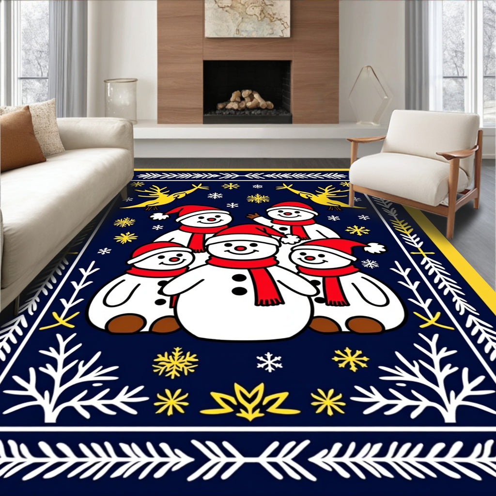 Yellow Reindeer Snowman Snowflakes Border Rug