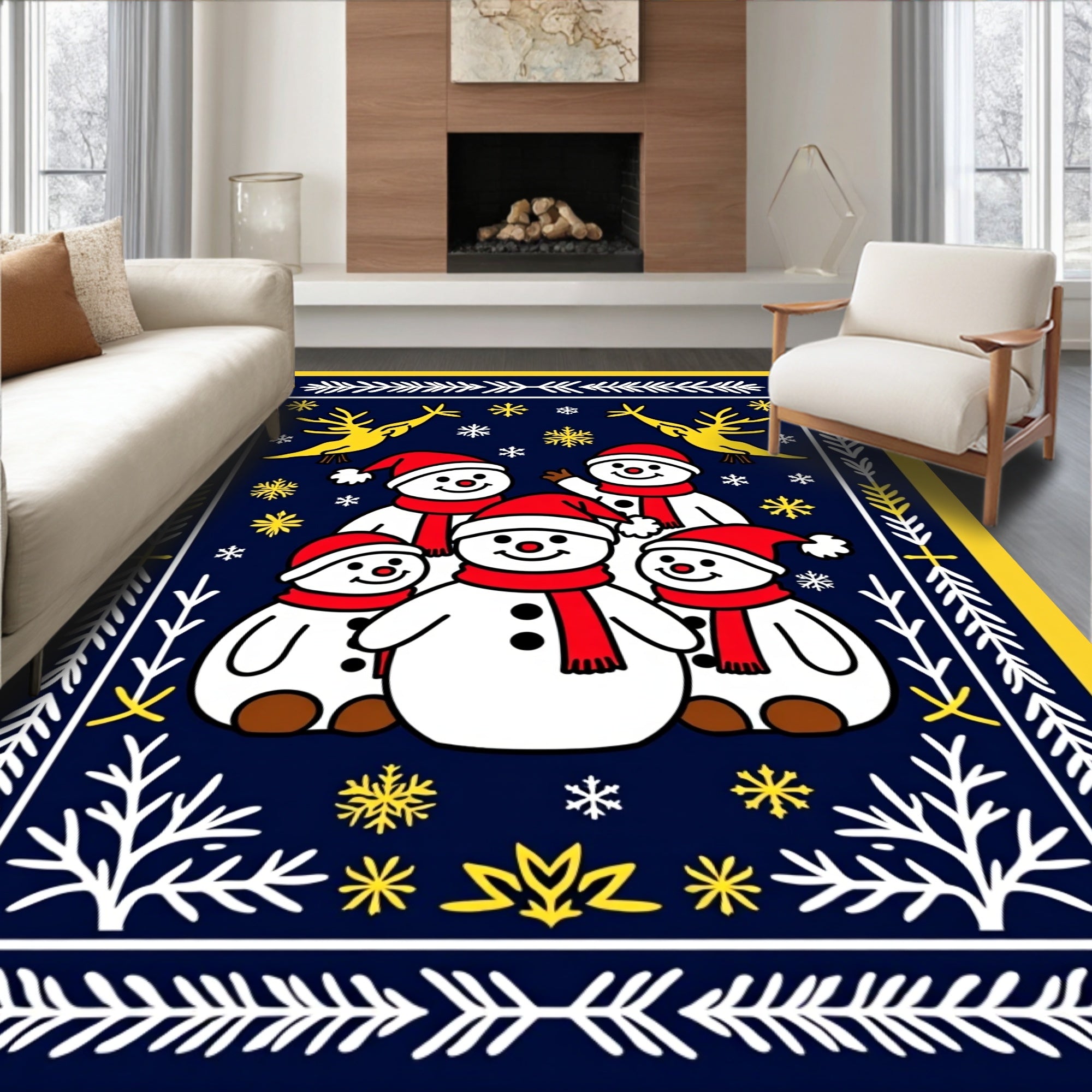 Yellow Reindeer Snowman Snowflakes Border Rug