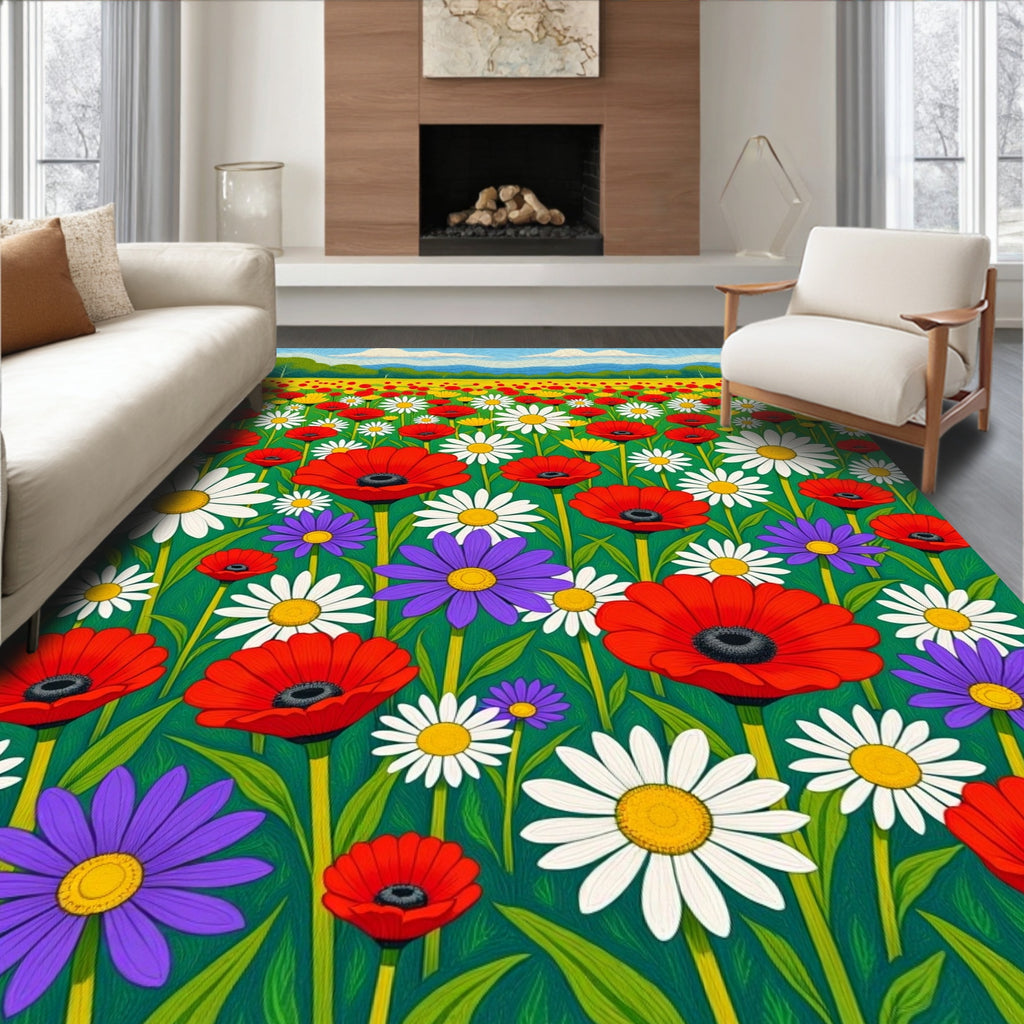 Vibrant Poppy Daisy Meadow Field Rug