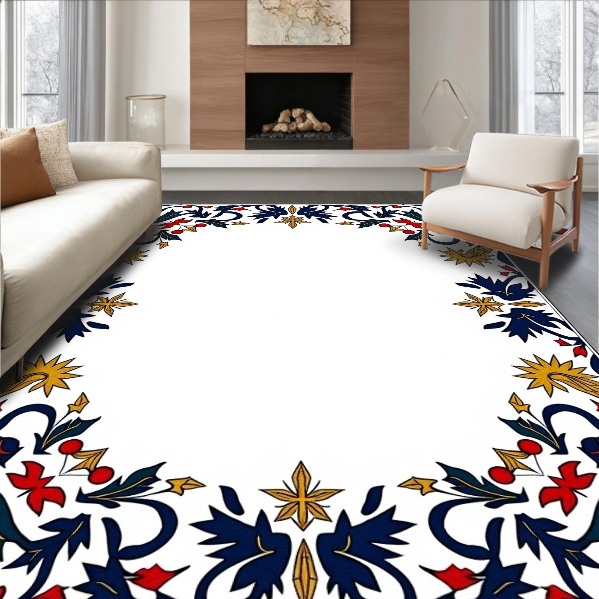 Elegant Navy Red Gold Floral Frame Rug