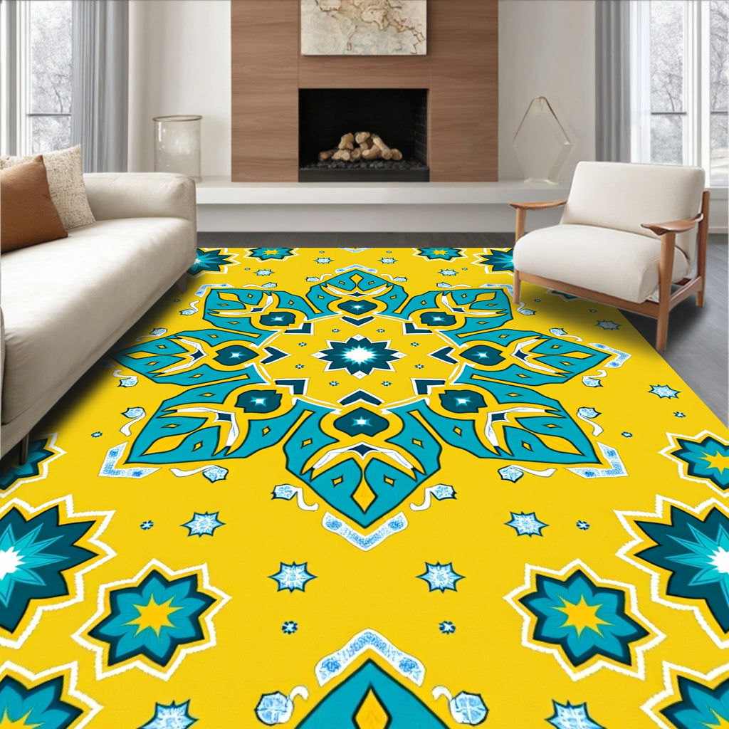 Bright Yellow Teal Starburst Mandala Rug