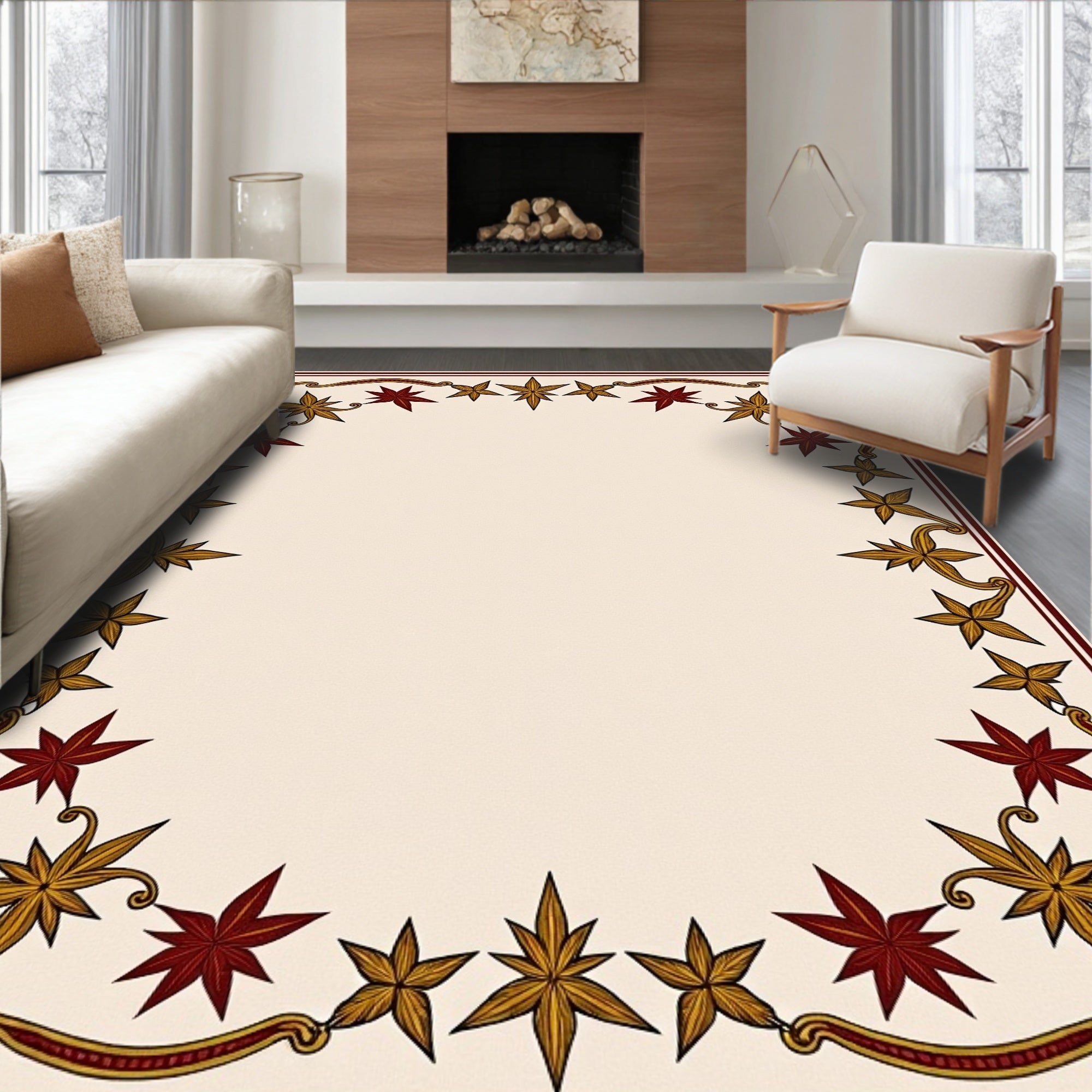 Maroon Gold Star Border Frame Rug