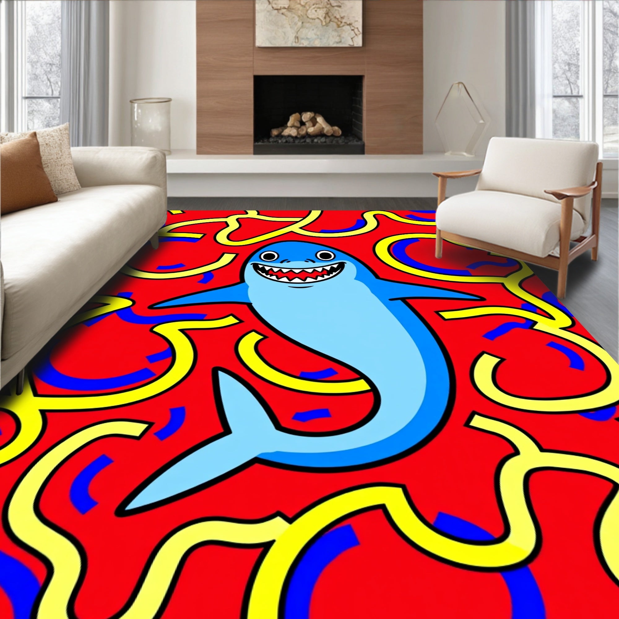 Whimsical Blue Shark Red Swirls Rug