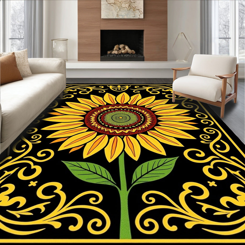 Golden Yellow Sunflower Black Floral Border Rug