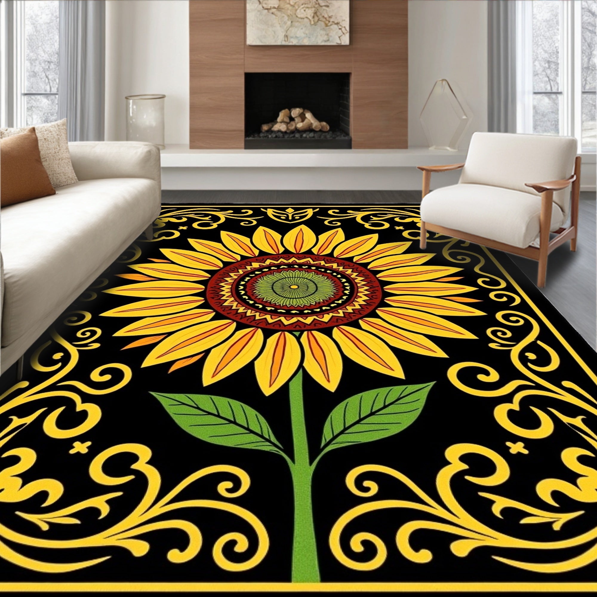 Golden Yellow Sunflower Black Floral Border Rug
