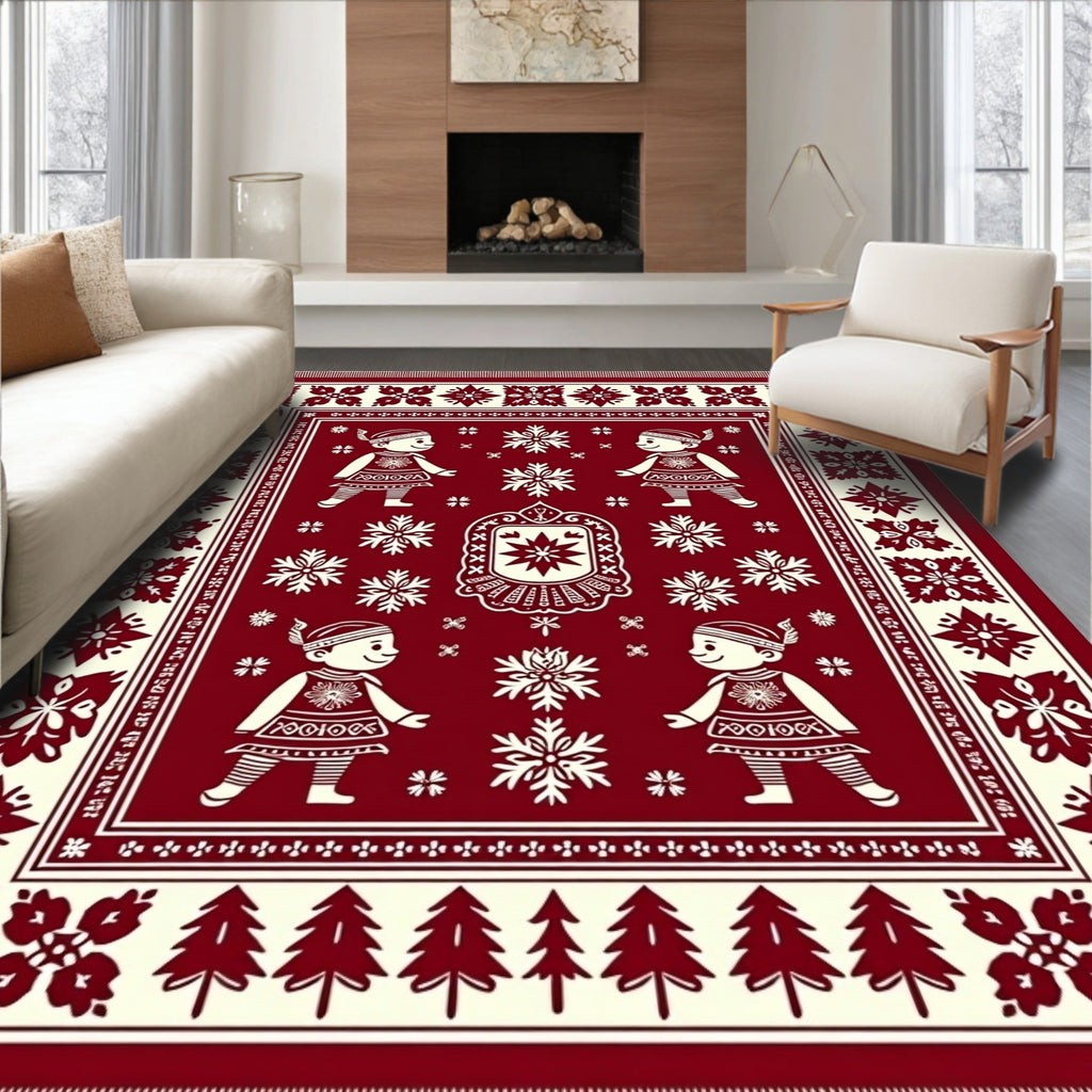 Crimson White Folk Art Children Snowflakes Rug