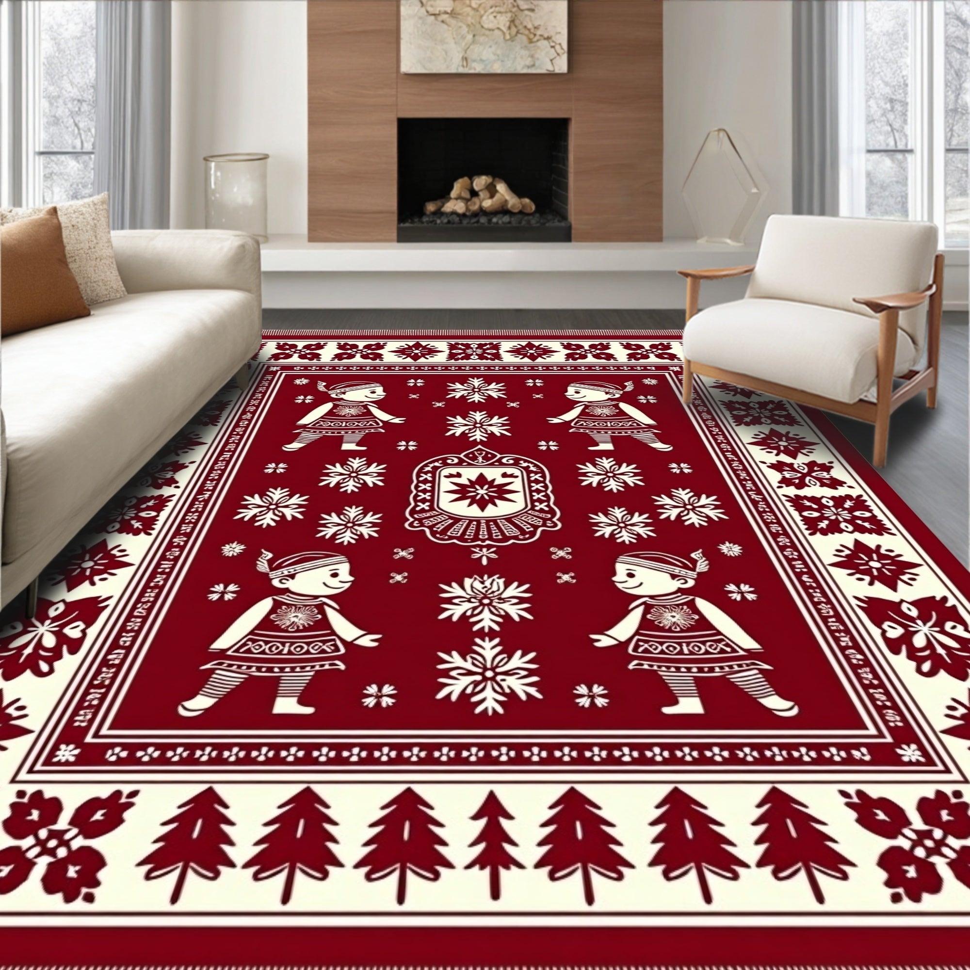 Crimson White Folk Art Children Snowflakes Rug