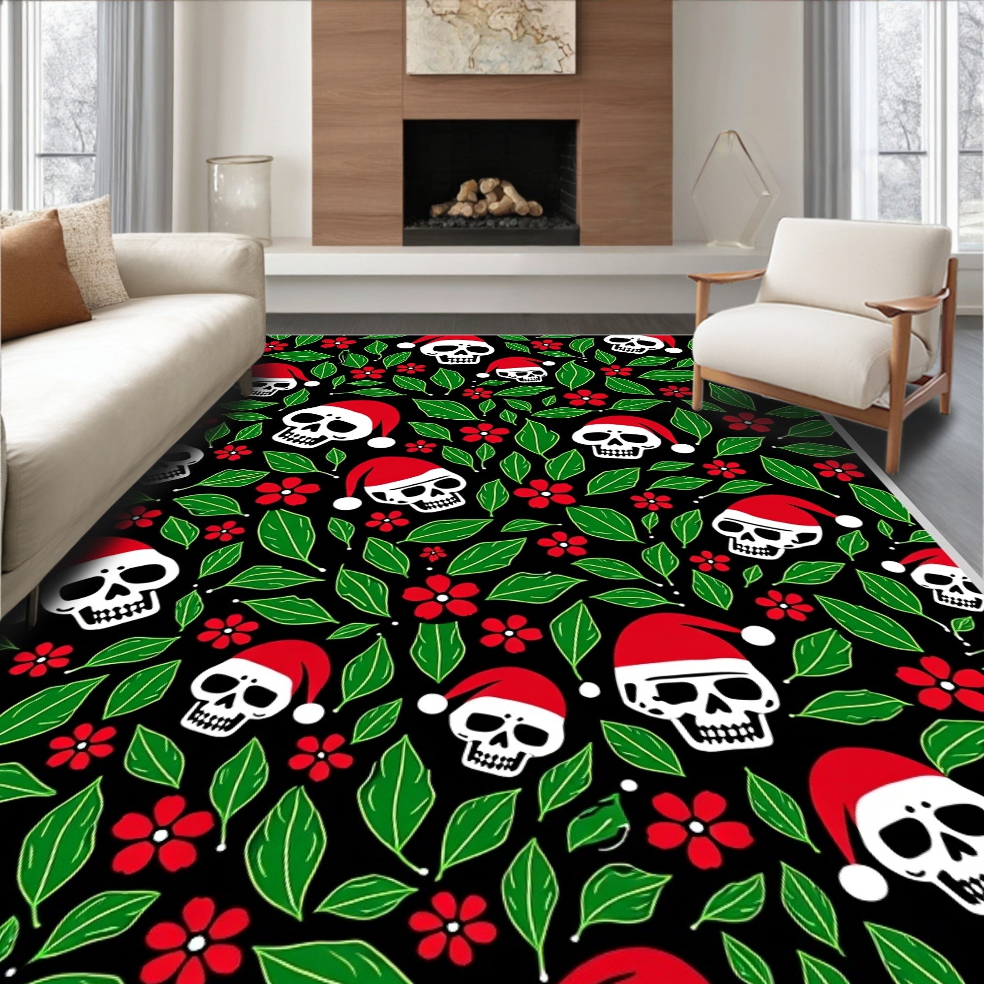 Spooky Santa Skull Red Flower Garland Rug