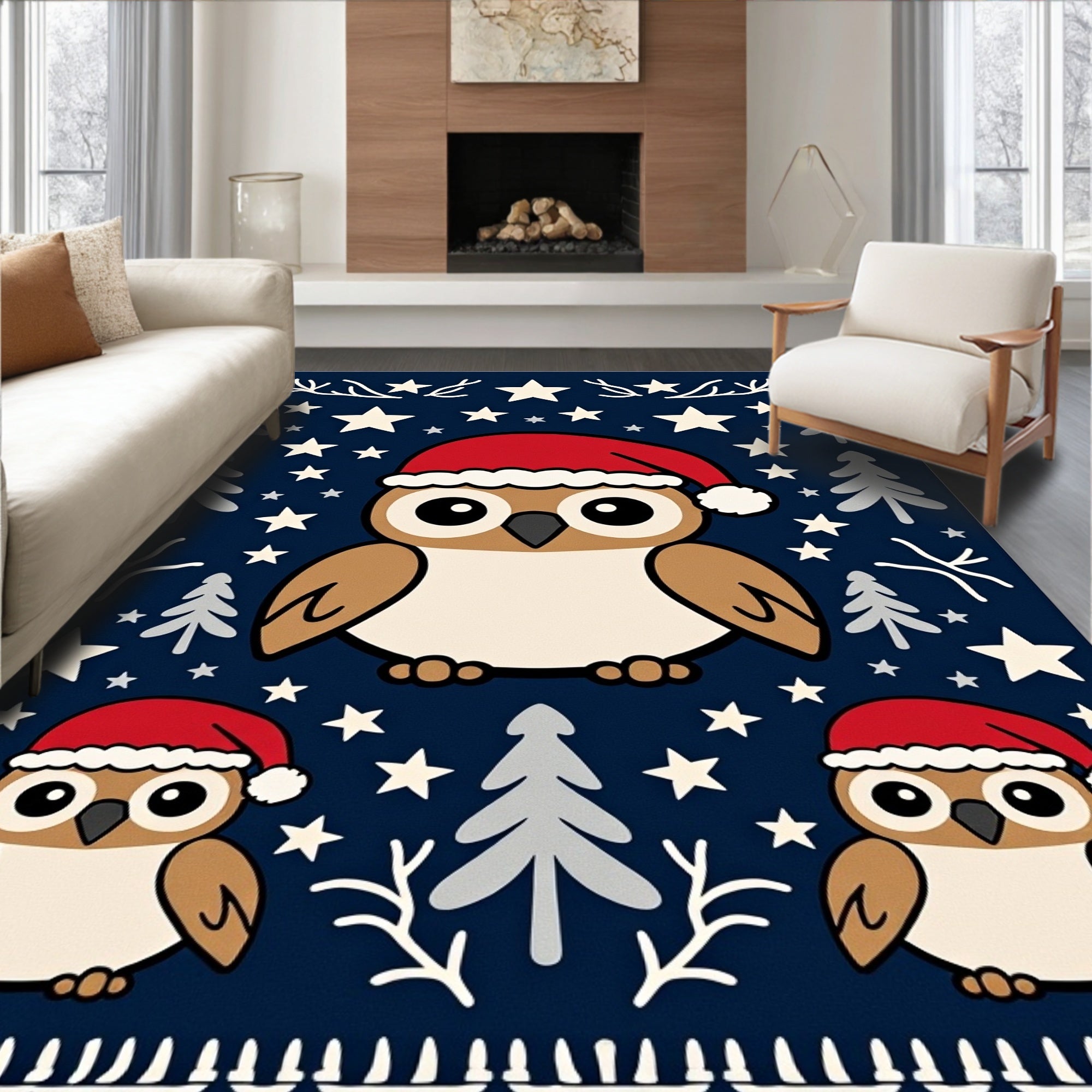Festive Owls In Santa Hats Stars Rug