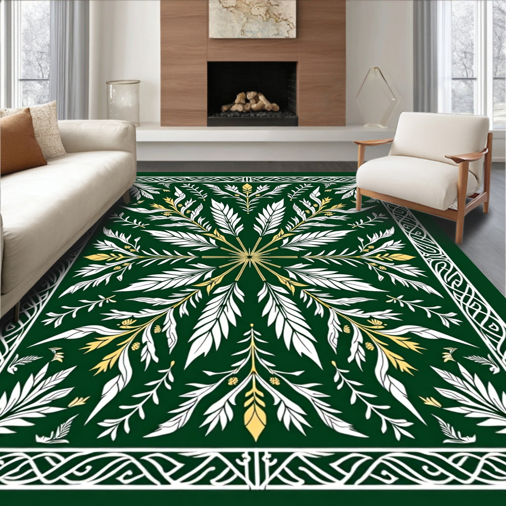 Emerald White Gold Leaf Floral Square Rug