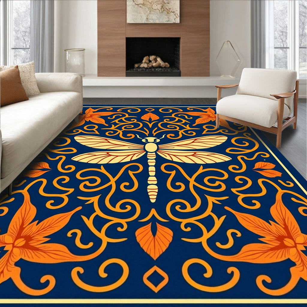 Royal Blue Dragonfly Floral Scroll Rug