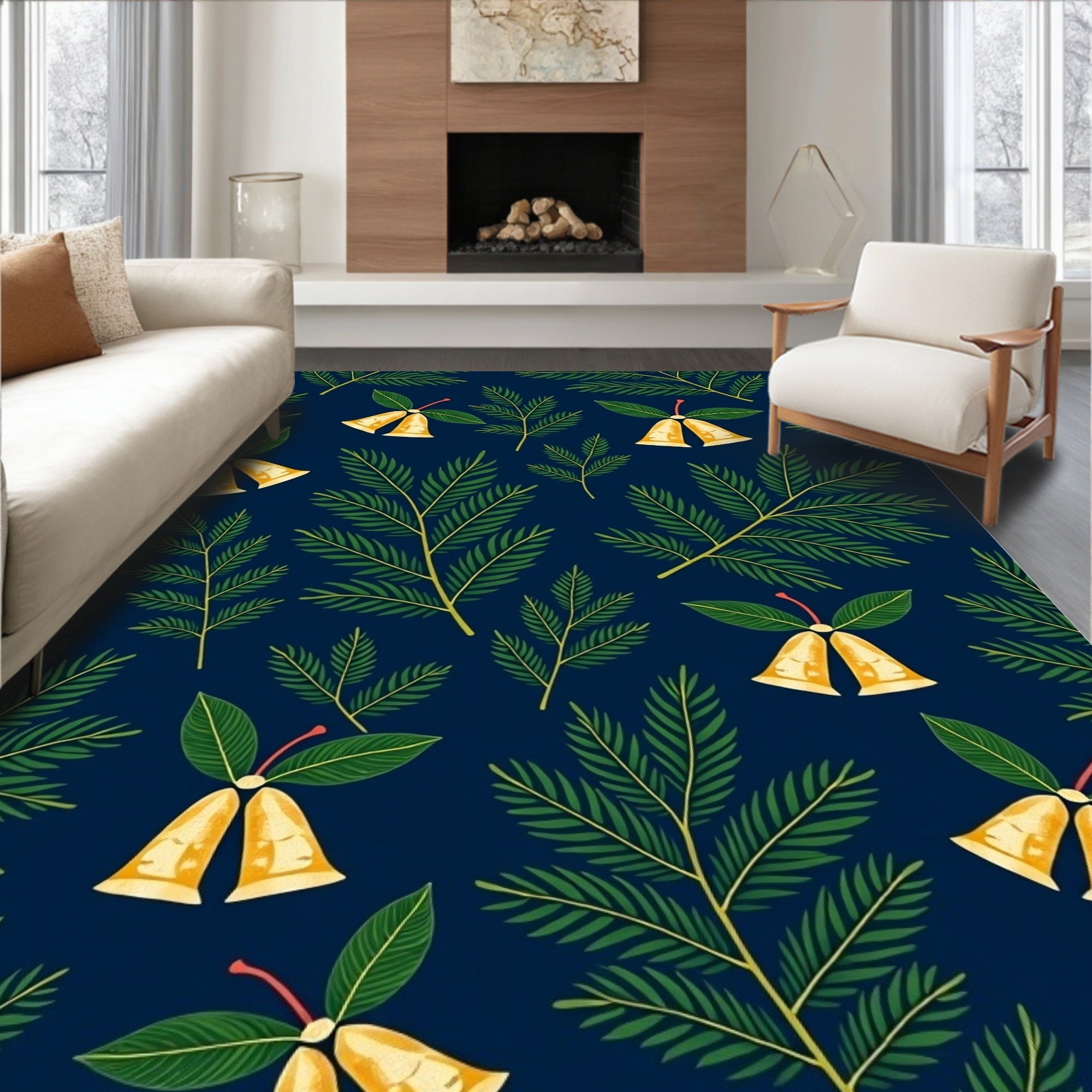 Navy Blue Holiday Bells Foliage Rug