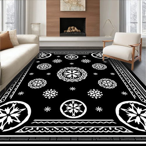 Black White Starburst Mandala Medallion Border Rug
