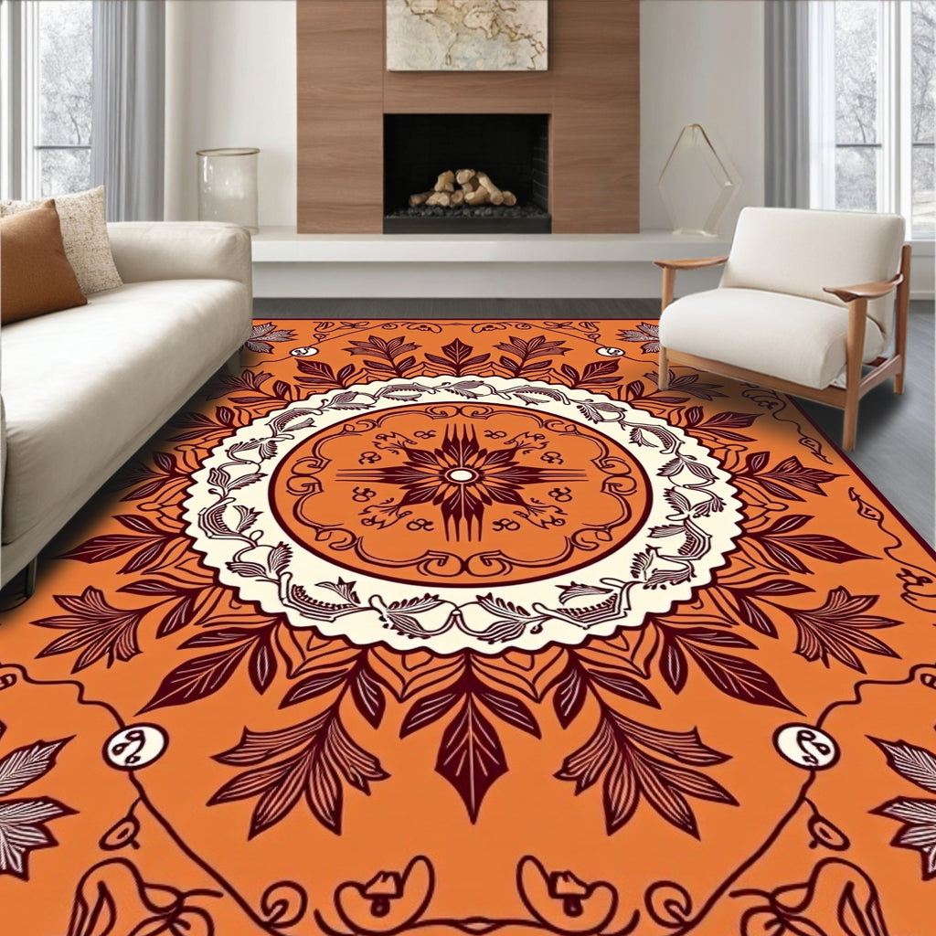 Crimson Floral Medallion on Orange Rug