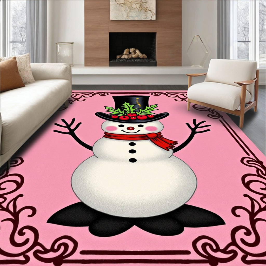 Pink Snowman Christmas Top Hat Holly Rug