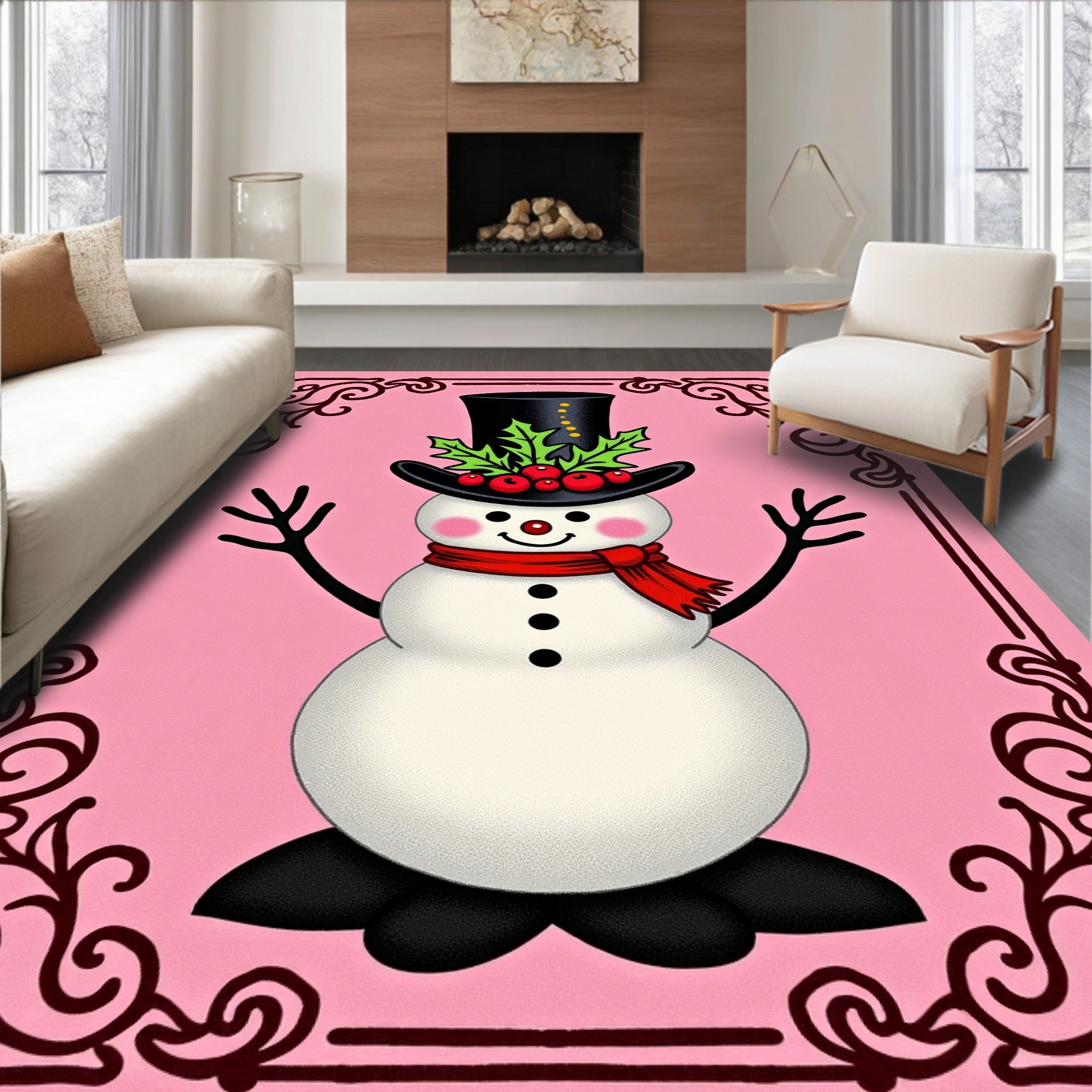 Pink Snowman Christmas Top Hat Holly Rug