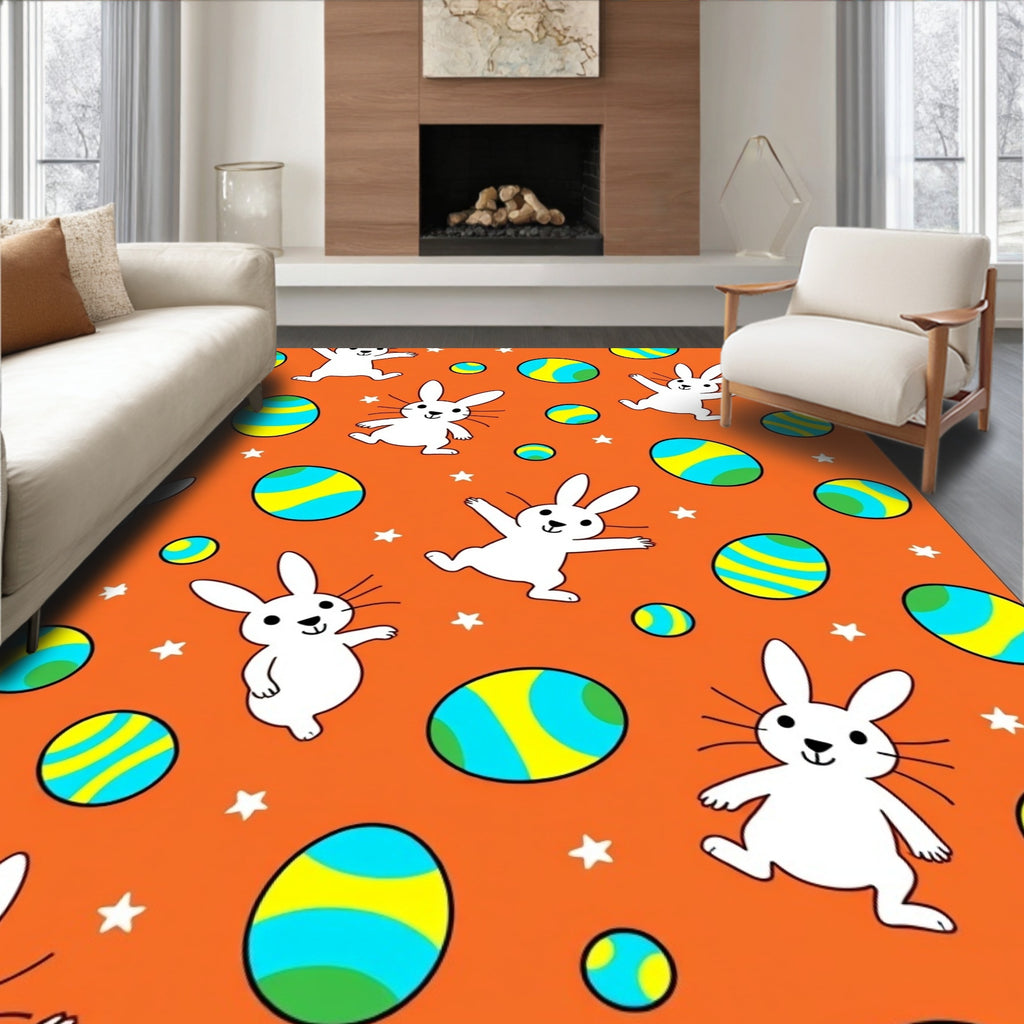 Whimsical White Bunnies Easter Eggs Orange Rug