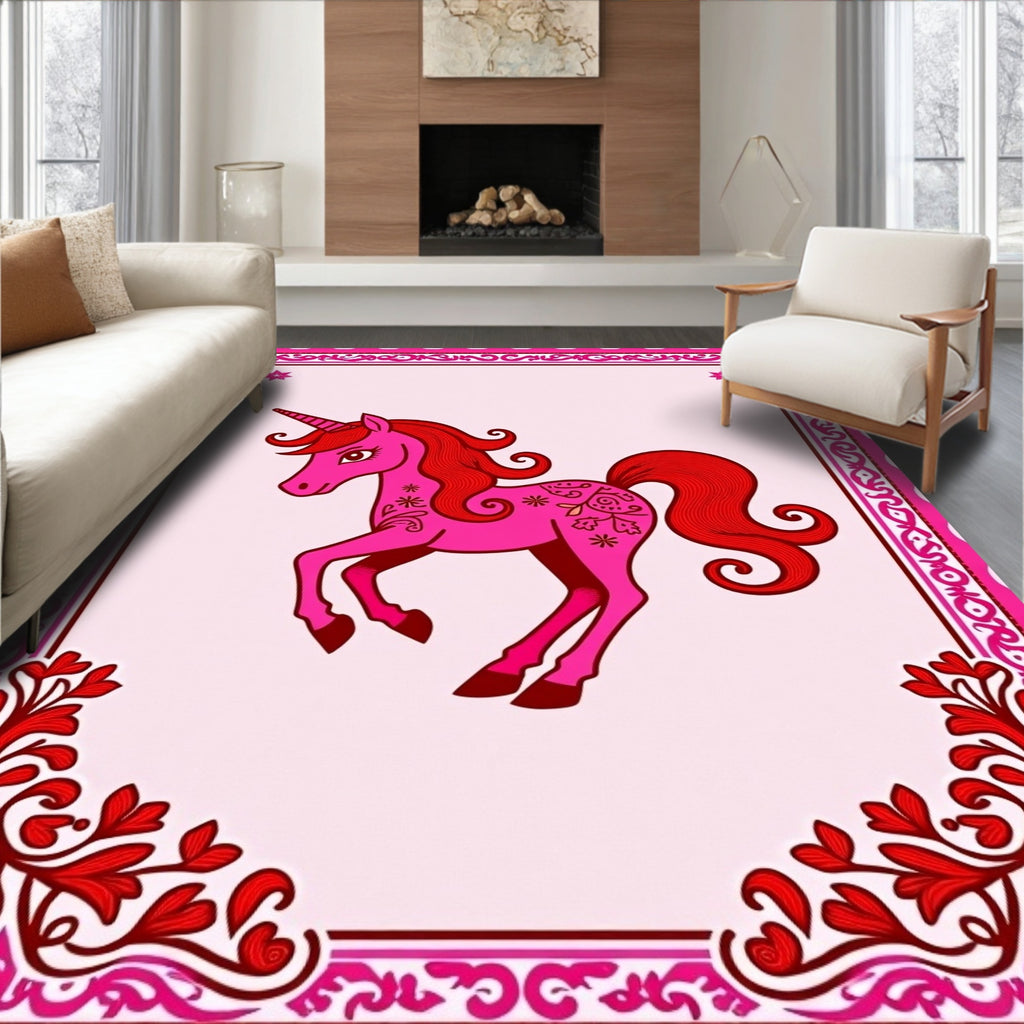 Pink Unicorn With Red Floral Accents Rug