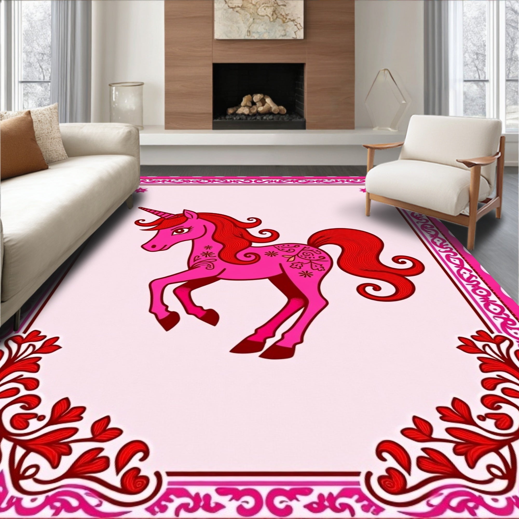 Pink Unicorn With Red Floral Accents Rug