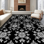 White Snowflake Black Background Repeating Pattern Rug
