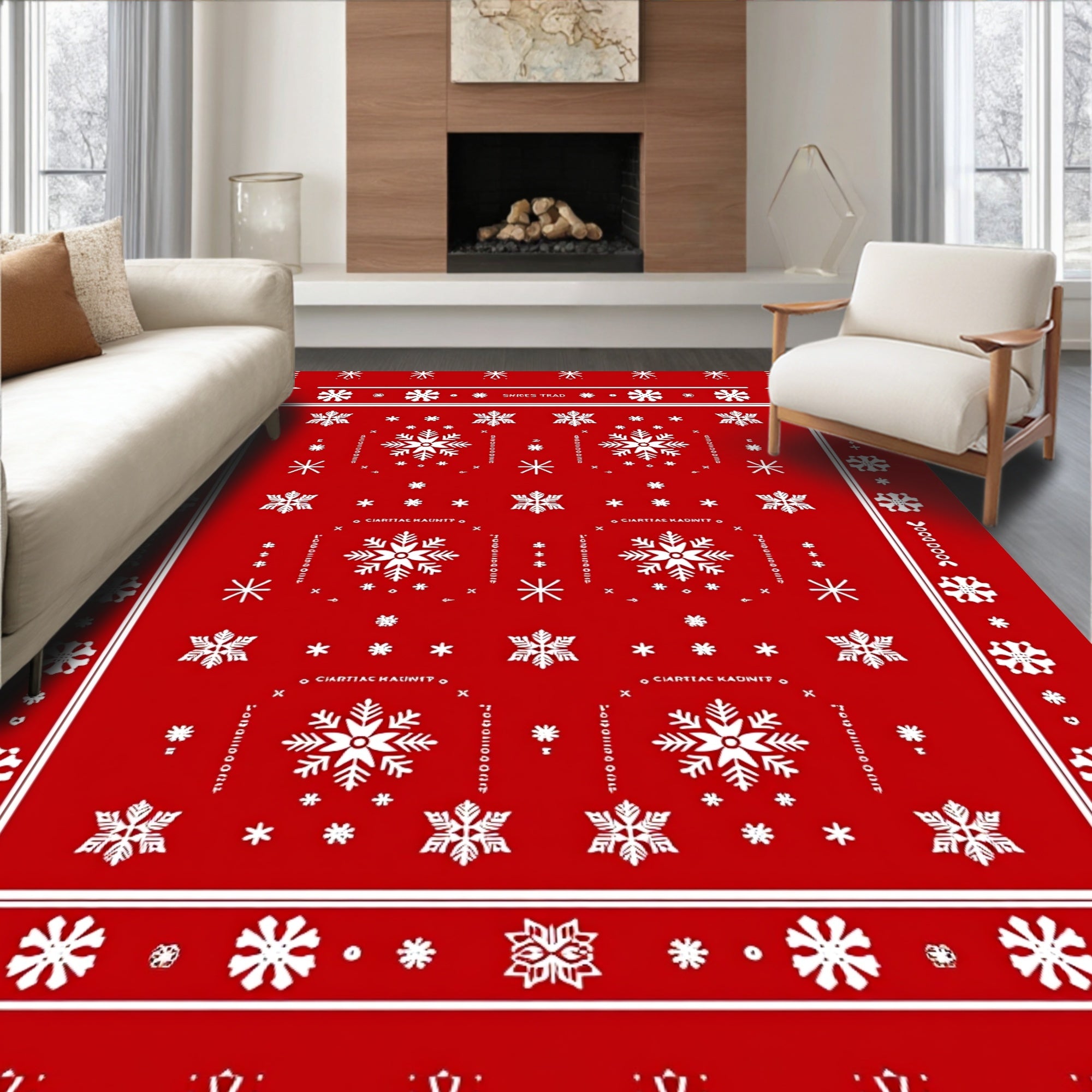 Red White Snowflake Winter Holiday Rug