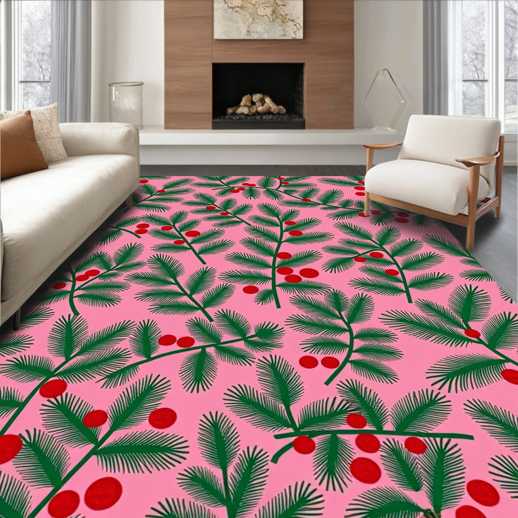 Pink Green Berry Pine Branch Rug