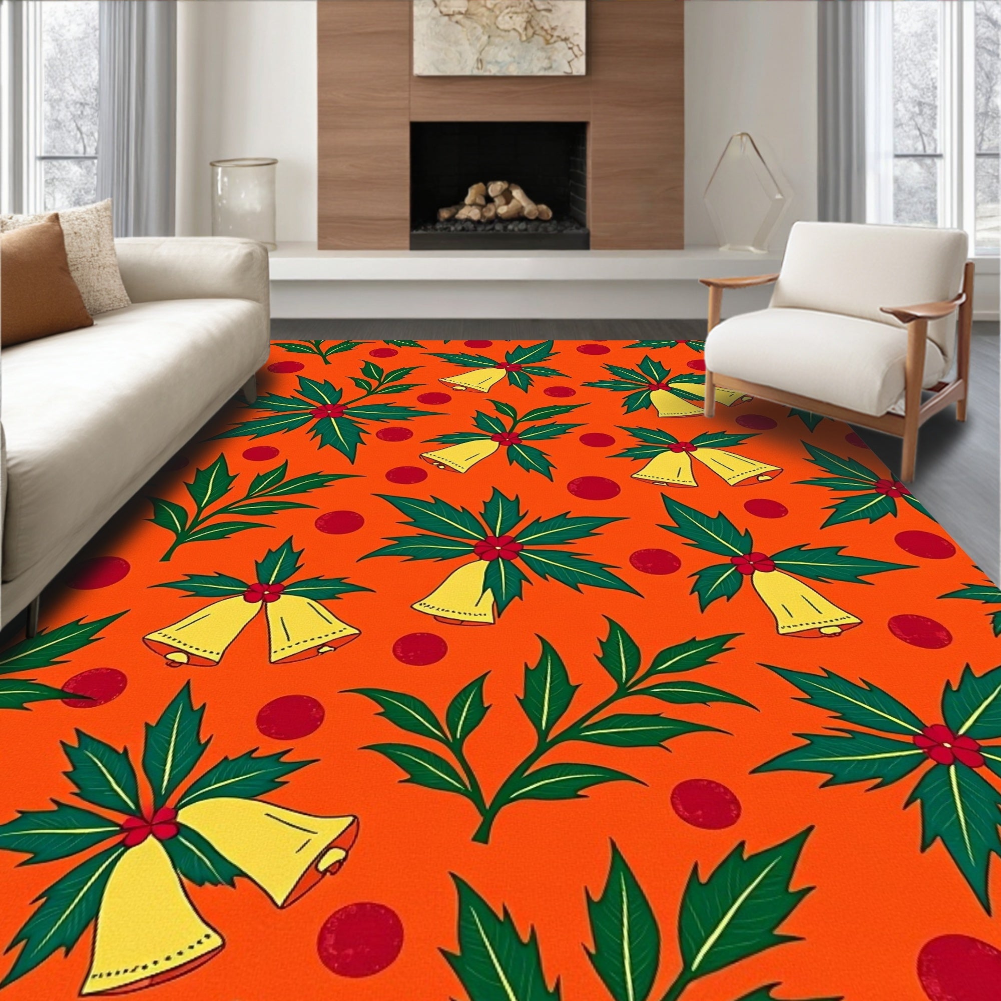 Orange Christmas Bells Holly Dots Rug