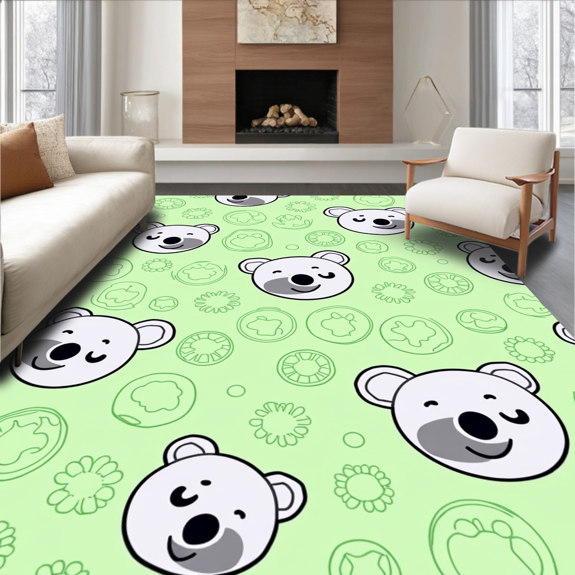 Sweet Bear Faces Green Circles Rug