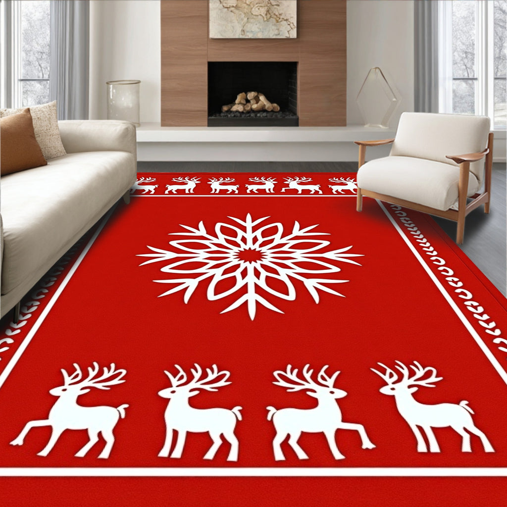 Red White Snowflake Reindeer Border Rug