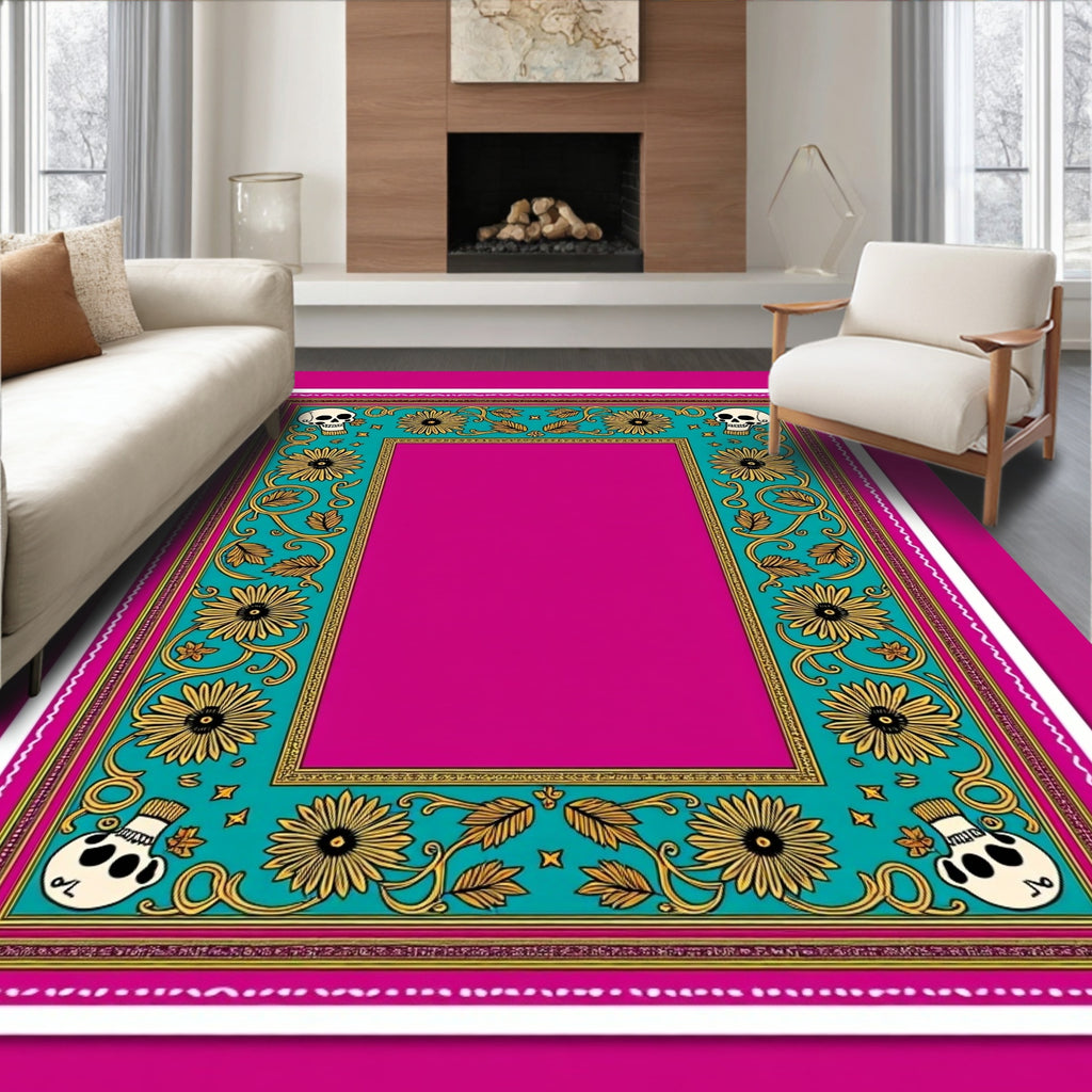 Teal Floral Skull Whimsical Frame Rug