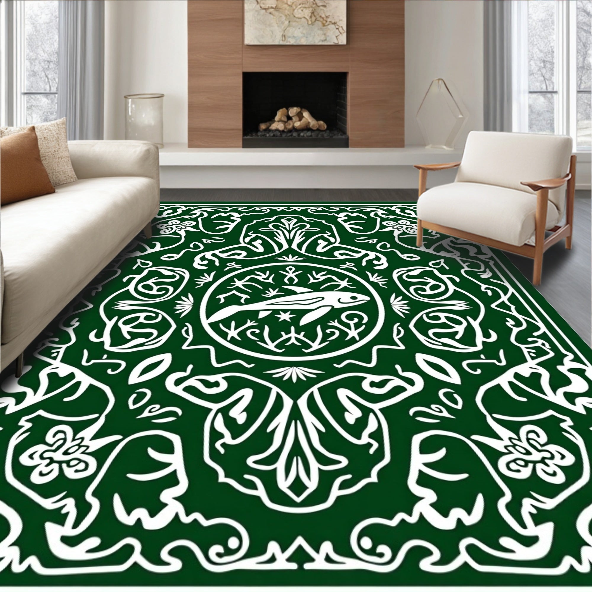 Deep Green Fish Medallion Folk Art Rug