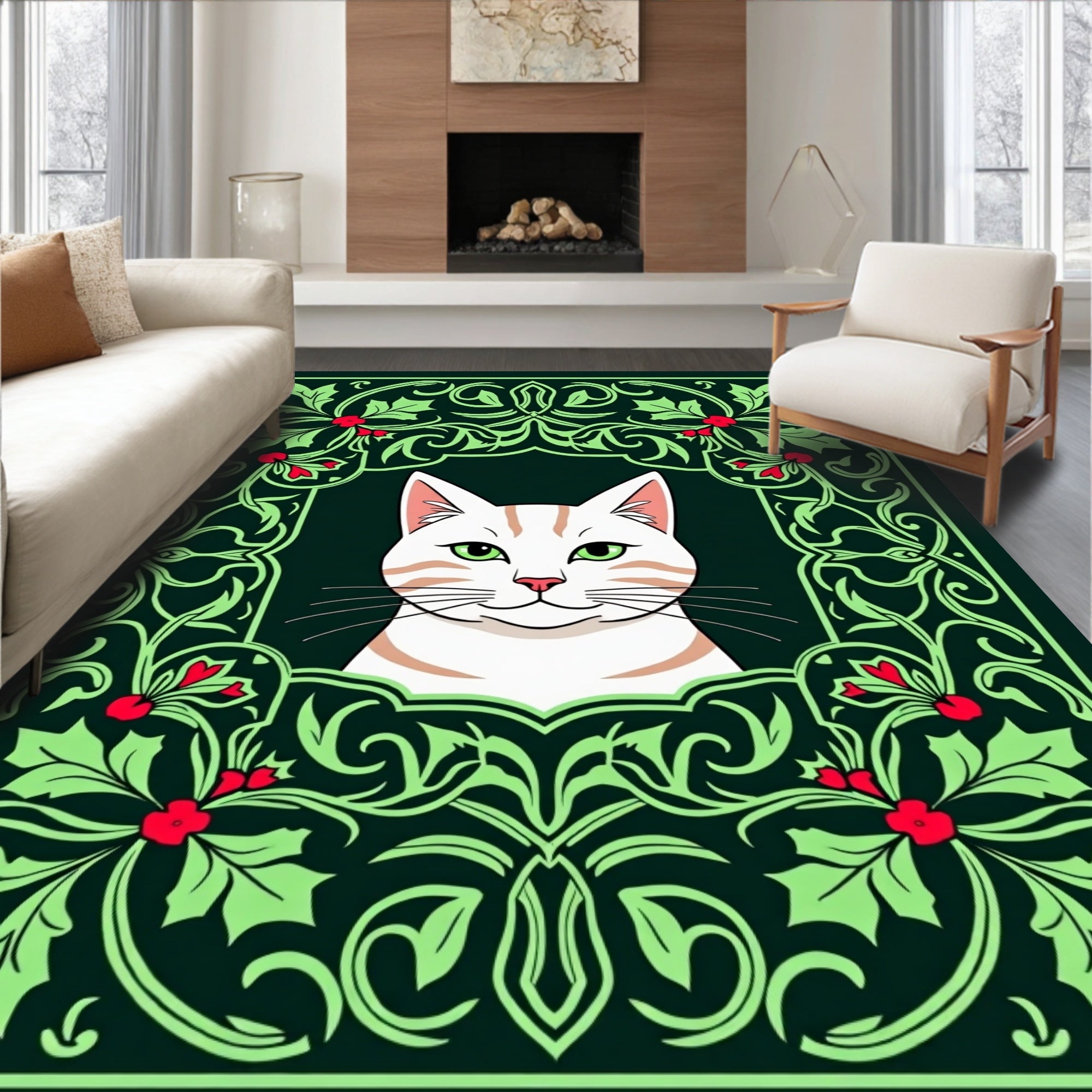 Emerald Green Holly Cat Portrait Rug