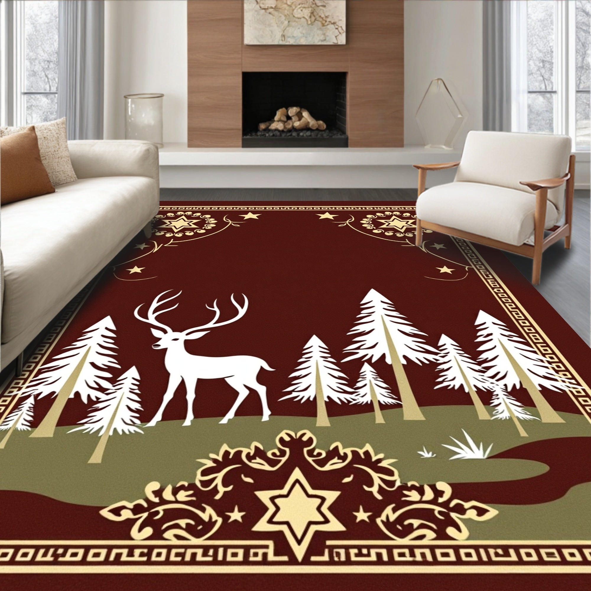 Whimsical Deer Forest Woodland Scene Rug