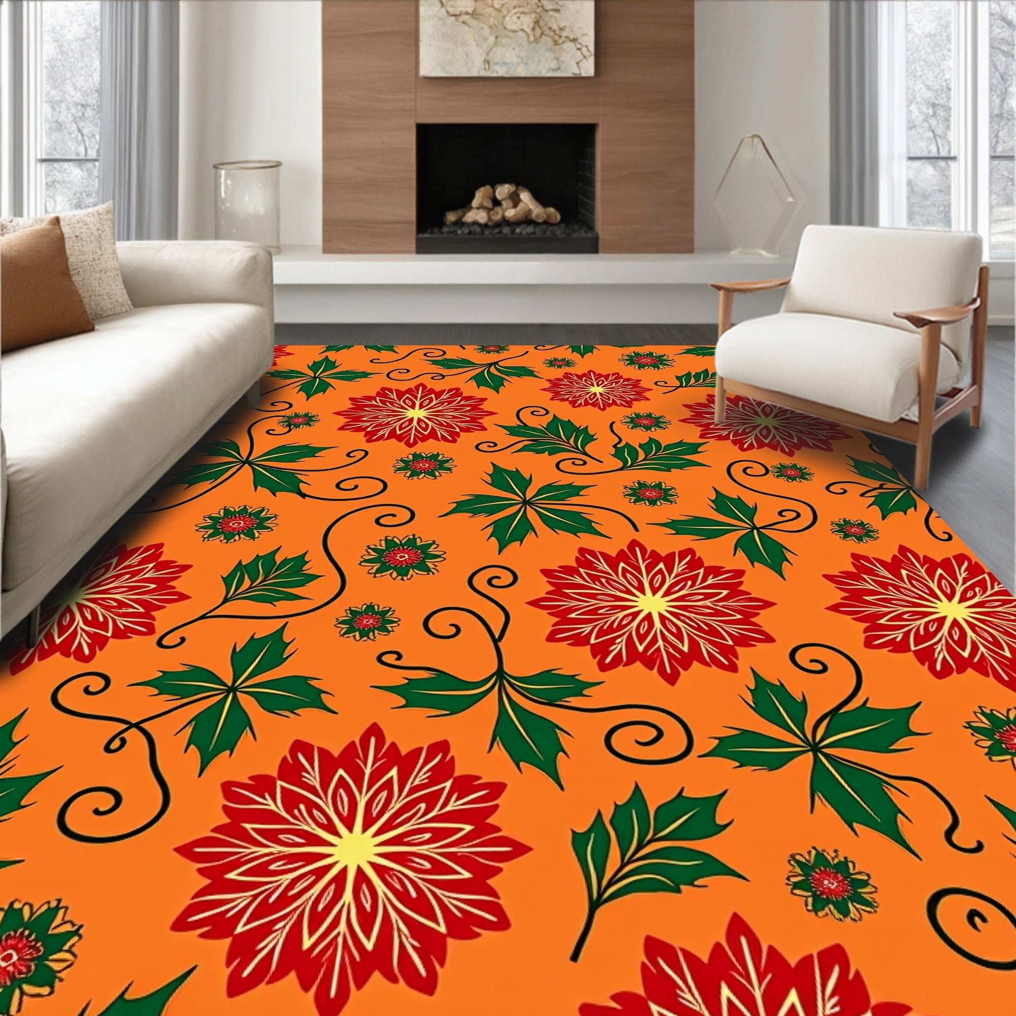 Bold Red Green Poinsettia Swirl Rug