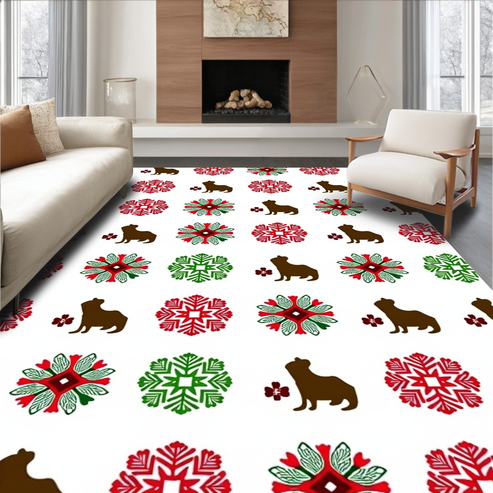 Brown Capybara Red Green Snowflake Medallion Rug