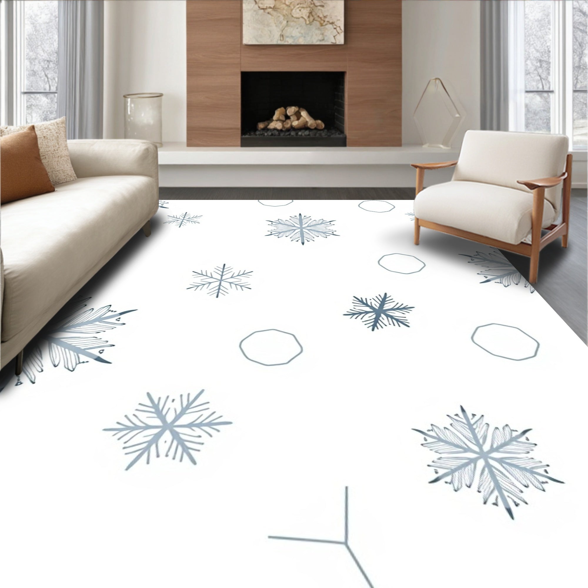 Blue Snowflake Scatter White Rug