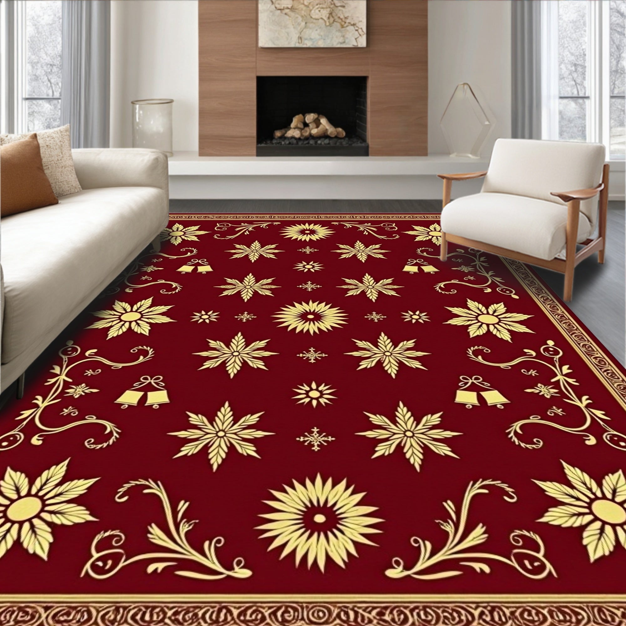Crimson Gold Floral Bells Border Rug