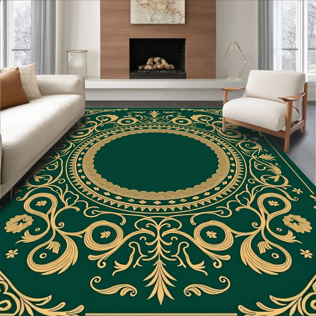 Emerald Gold Scrollwork Floral Frame Rug