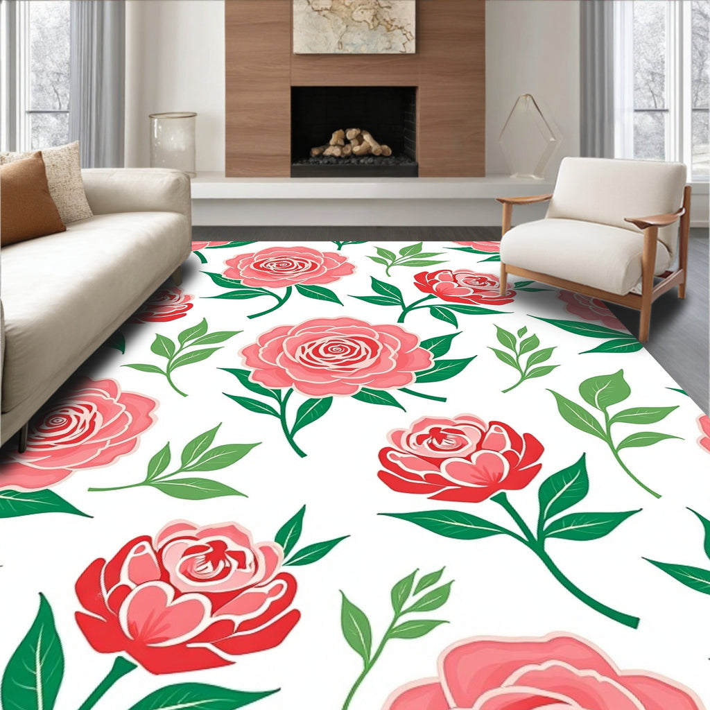 Coral Pink Red Rose Foliage Rug