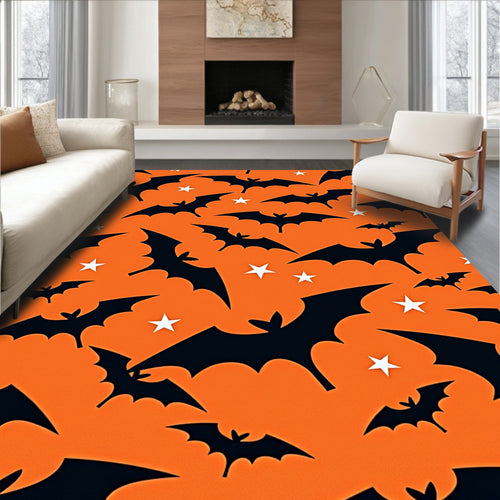 Black Bats Orange Stars Halloween Rug