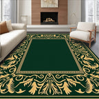 Elegant Gold Leaf Scrollwork Emerald Green Rug