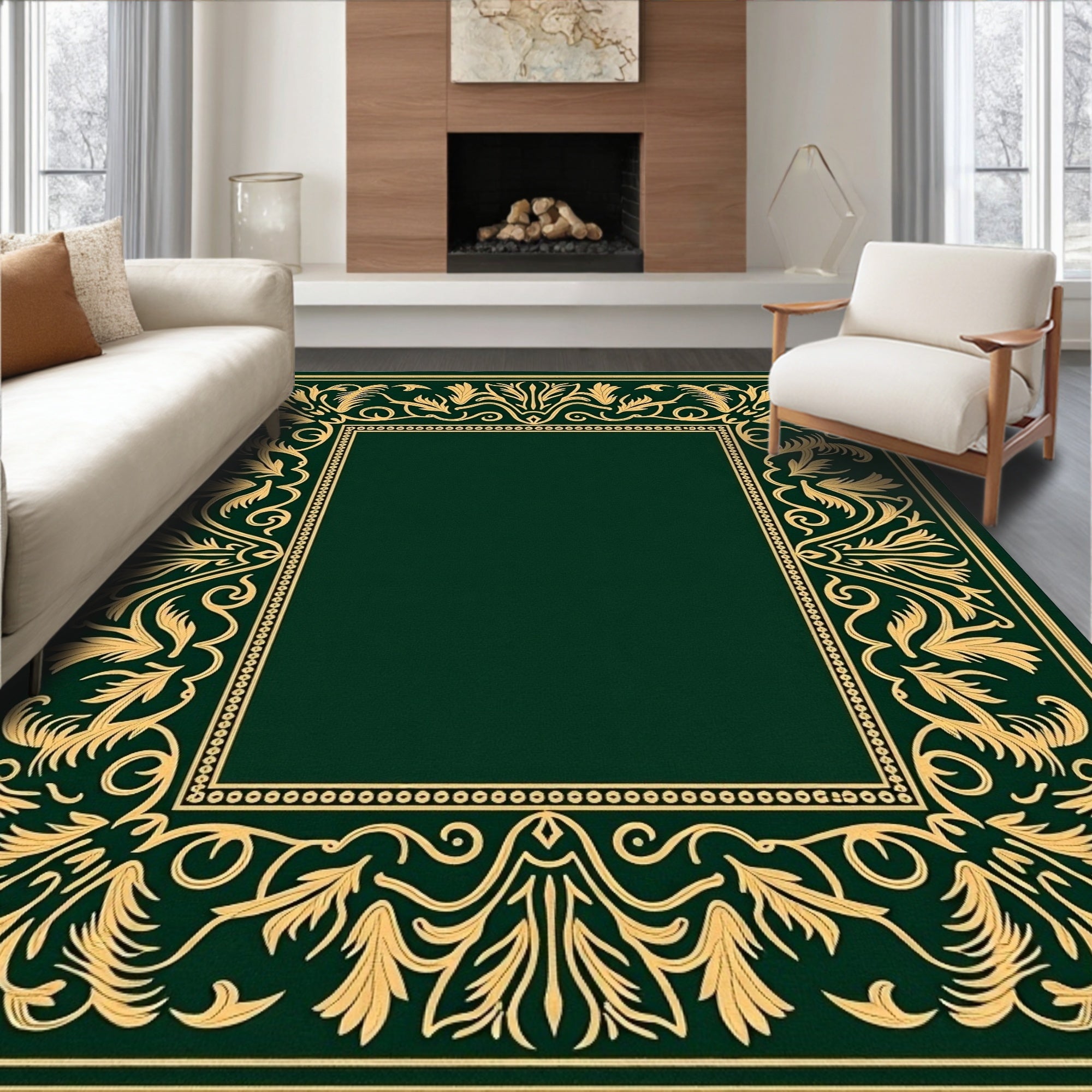 Elegant Gold Leaf Scrollwork Emerald Green Rug
