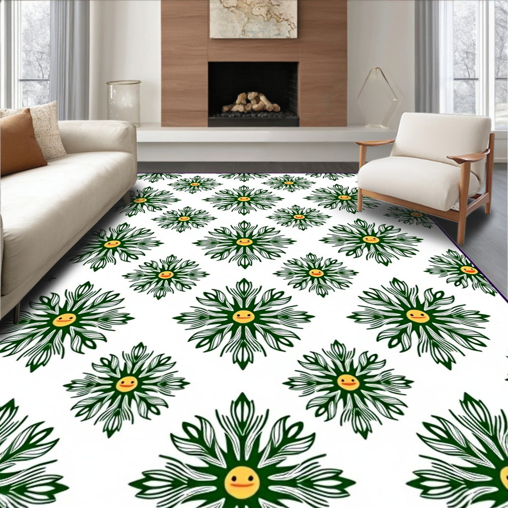 Green Floral Sun Faces Repeating Rug