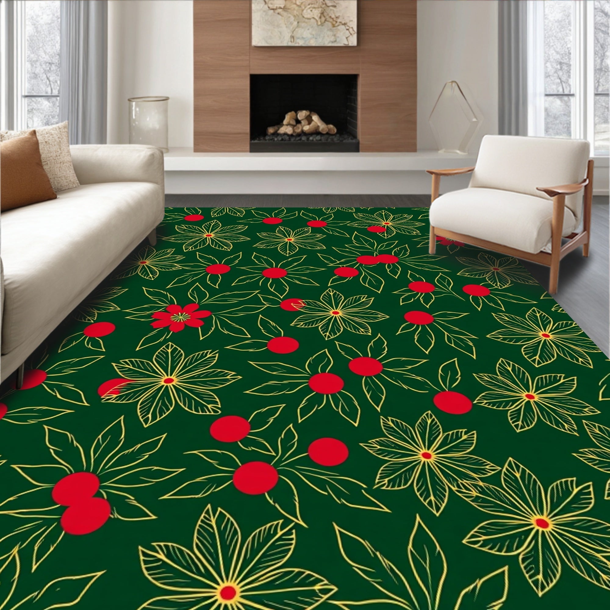 Green Red Gold Floral Vine Rug