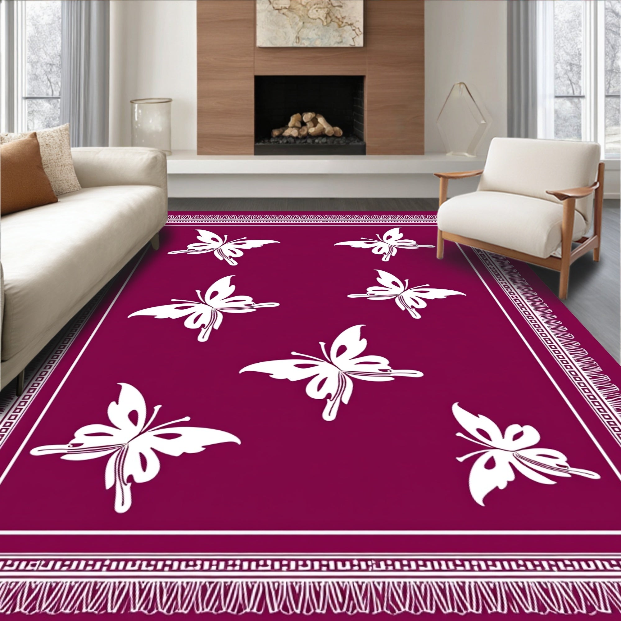 Plum With White Butterfly Field Rug